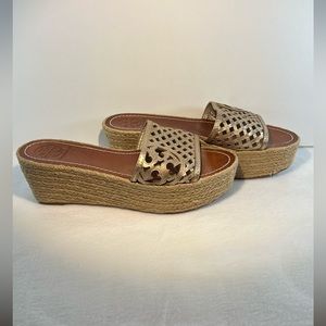 Tory Burch Metallic Gold Espadrille Open Toe Sandal Slides Excellent Condition